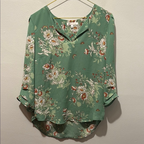 DR2 Small Green Floral Blouse with Cuffed Sleeves and Notched Collar - Picture 2 of 7